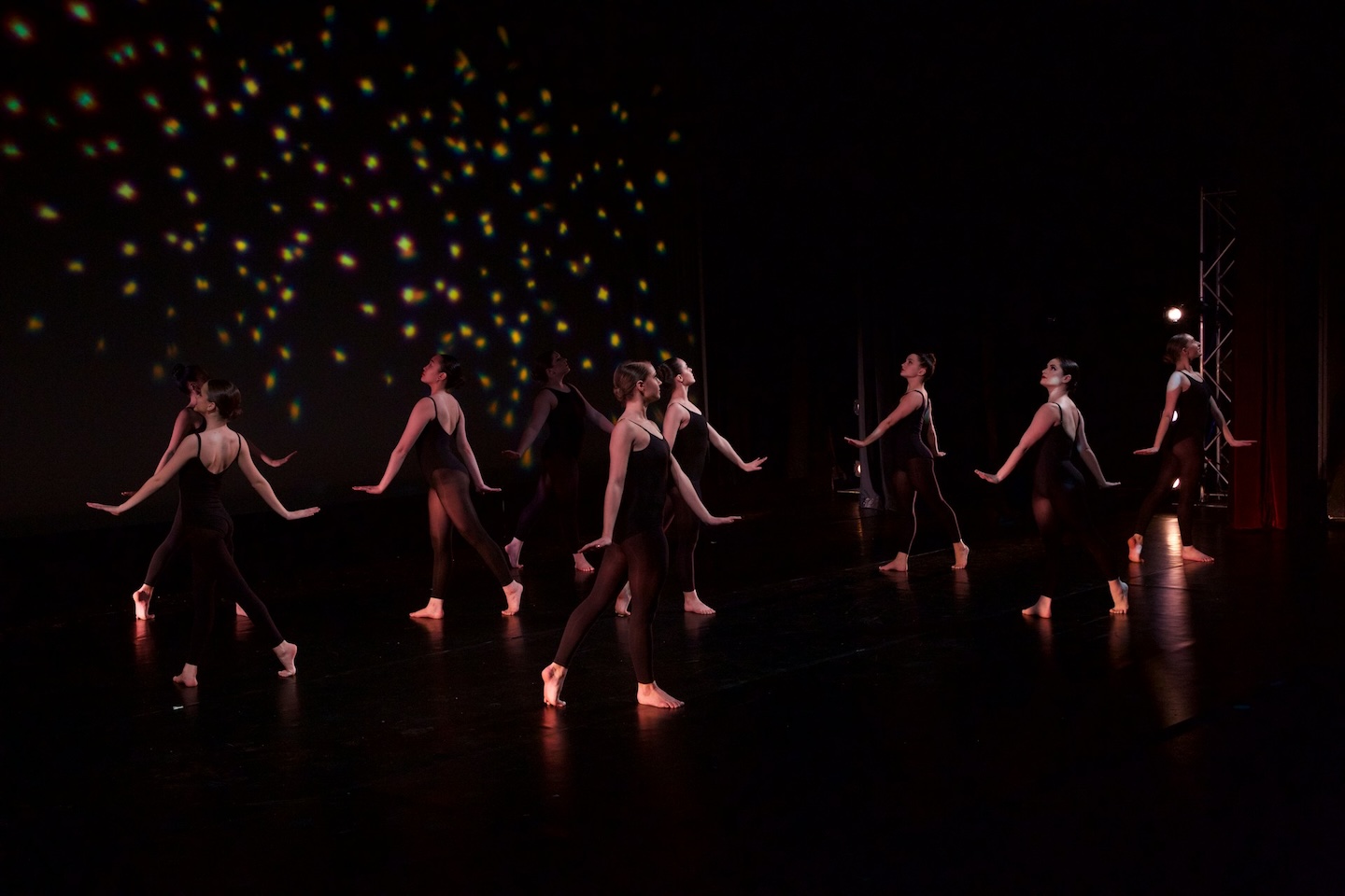 A group of contemporary dancers perform on stage.